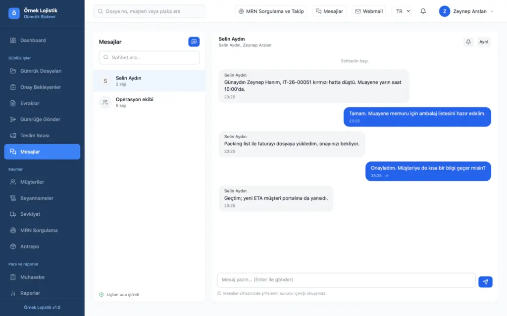 End-to-end encrypted staff chat in GSYS: two operations staff discussing an inspection and document approval.