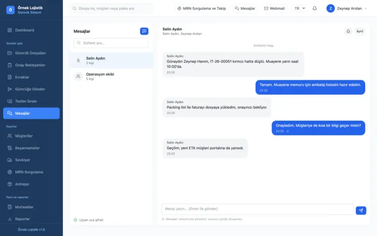 End-to-end encrypted staff chat in GSYS: two operations staff discussing an inspection and document approval.
