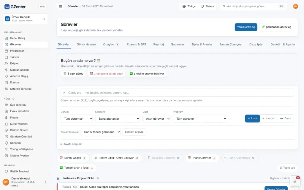GZenter tasks screen: open, overdue and pending-approval tasks, with filters and view options.