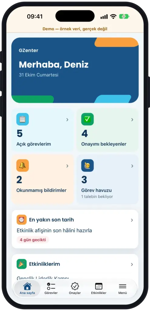 GZenter mobile home screen: open tasks, pending approvals, unread notifications, the task pool and the nearest deadline.