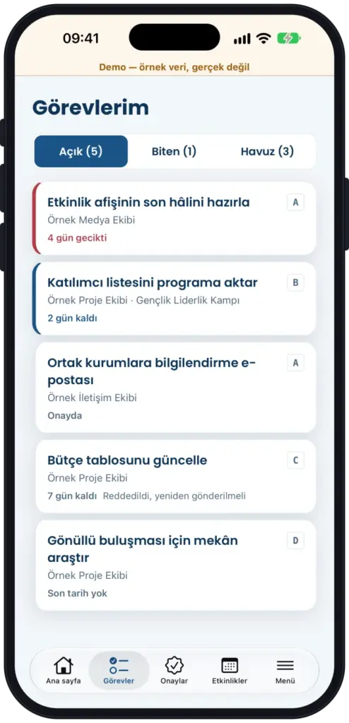 GZenter mobile My tasks: tasks by team and programme, priority letter, deadline and approval status.