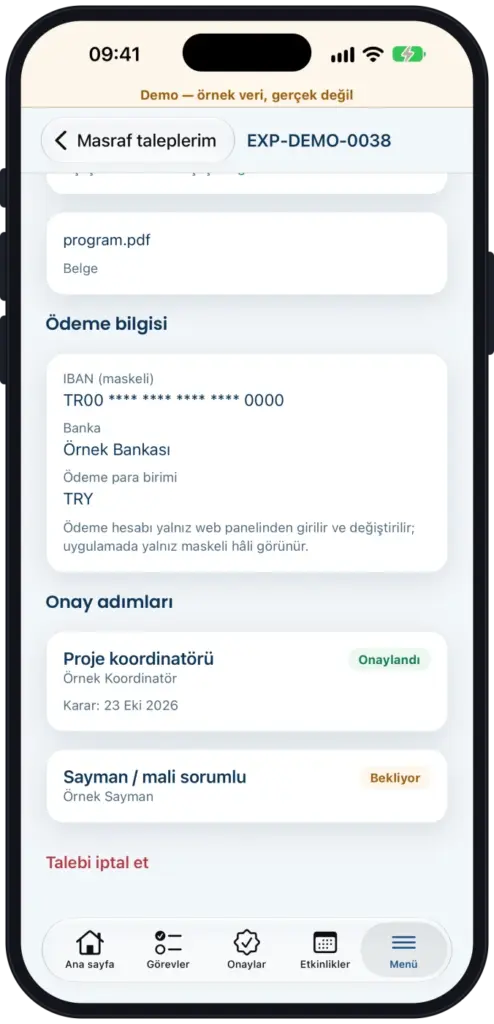 GZenter mobile expense claim detail: the IBAN shown only in masked form, with approval steps and their status.