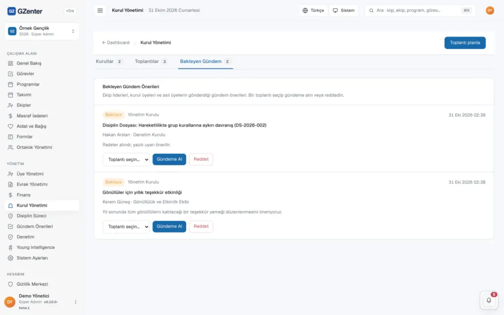 GZenter board screen for accepting agenda proposals from teams onto a meeting or rejecting them.