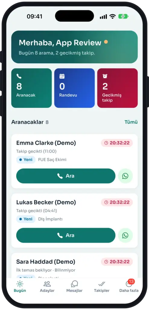 HT-CRM mobile Today screen: leads to call, appointments and overdue follow-up counts, with Call and WhatsApp buttons on each lead.