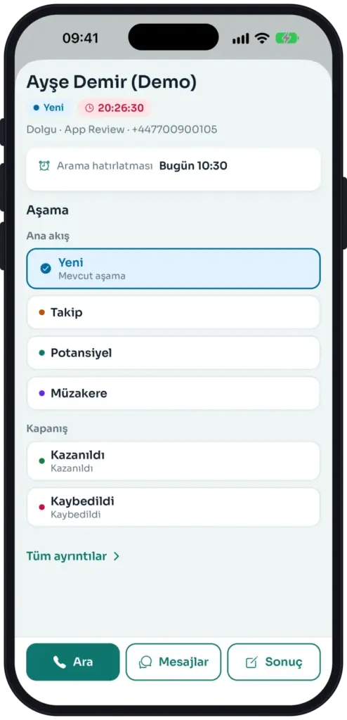 HT-CRM mobile patient enquiry quick view: call reminder, pipeline stage picker and Call, Messages and Outcome buttons.