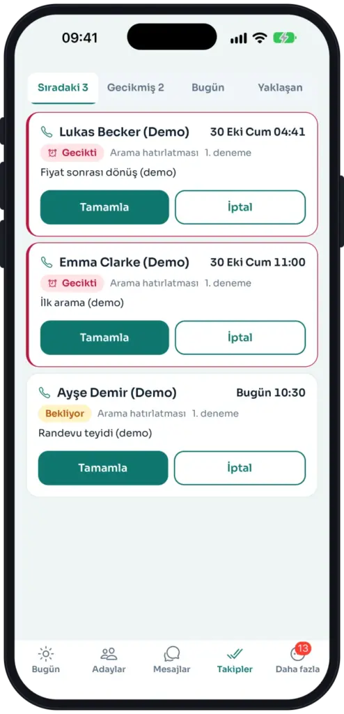 HT-CRM mobile Follow-ups screen: upcoming, overdue and today's call reminders, each with Complete and Cancel.