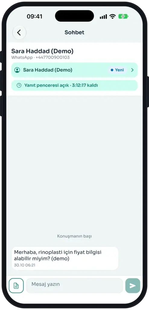 HT-CRM mobile WhatsApp chat: the enquiry's message, a link to the lead card and a countdown for the 24-hour reply window.
